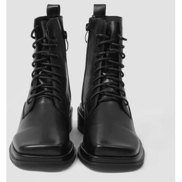 NEW Square-Toe Lace Up Ankle Boots w/ Side Zipper (Black) - Lattelier - Picture 2 of 7